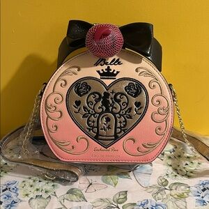 Disney X Danielle Nicole “Belle” Pink and Black Heart-Detail Crossbody Bag NWT